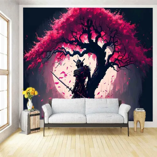 Miniatura 10 de Ine Ive GTDWIE0297 - Tapiz samurái japonés para estética de dormitorio, luna llena, árbol de cerezo, 40 x 30 pulgadas, arte japonés para dormitorio