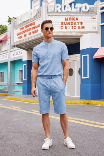 Miniatura 8 de COOFANDY Conjunto de 2 piezas de lino para hombre, camisas Henley casuales de manga corta, pantalones cortos de yoga para playa, pantalones cortos