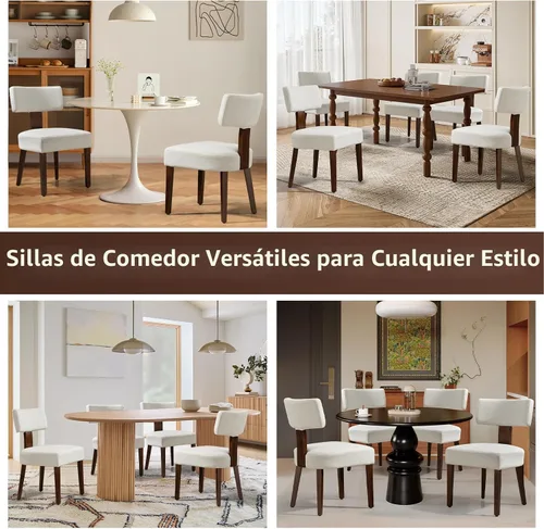 Miniatura 4 de Juego de 4 sillas de comedor, sillas de cocina de tela tapizada en madera, silla acolchada de lino sin brazos con respaldo curvo acentuado
