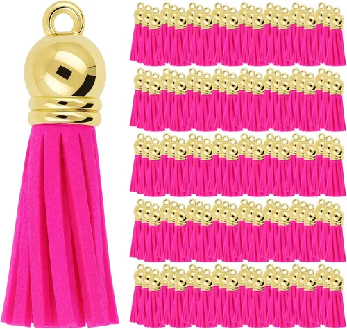 Miniatura 91 de Mandala Crafts 100 borlas de gamuza sintética color aguamarina con tapa dorada, suministros para hacer llaveros a granel, pequeñas borlas de cuero