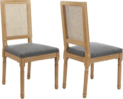 Miniatura 37 de Juego de 2 sillas de comedor de campo francés, sillas de comedor de madera de granja beige, silla de comedor con respaldo tejido con cojín tapizado