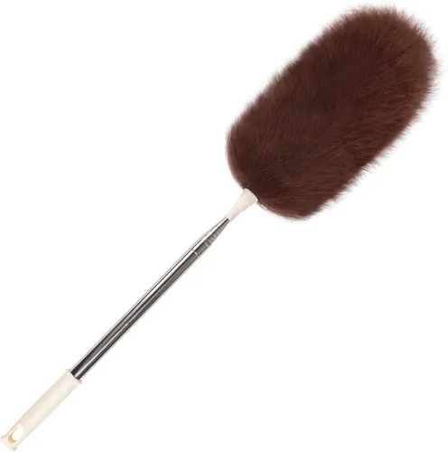 Miniatura 20 de Plumero de lana de cordero de 16 pulgadas de largo, mango de madera maciza, correa para colgar de cuero para limpiar ventiladores de techo, Marrón