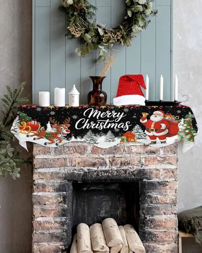 Miniatura 5 de Bufanda de repisa de Navidad de 60 x 17 pulgadas, decoración de chimenea de Papá Noel de Navidad color negro, cubierta de mantel de invierno