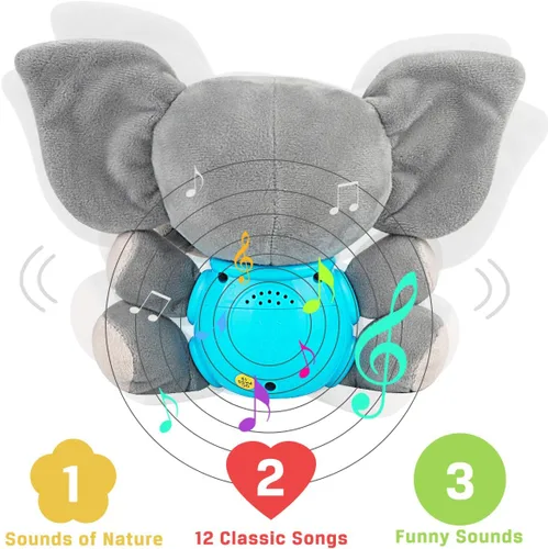 Miniatura 5 de Aitbay elefante musical de peluche, juguete para niños de 0, 3, 6, 9 y 12 meses, bonito peluche con luces para bebés recién nacidos, para niños