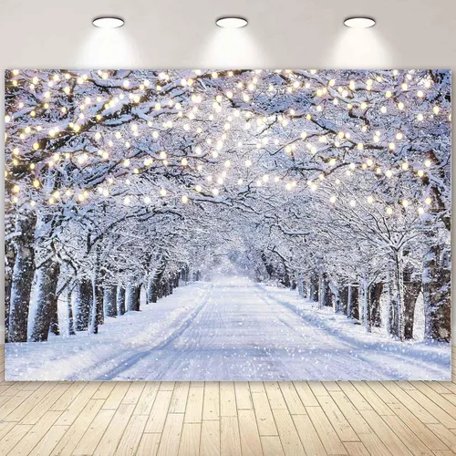 Miniatura 5 de Telón de Fondo Fotográfico de Escena Invernal de 7x5 Pies País de las Maravillas Copo de Nieve Brillo Nieve Paisaje Árbol Decoración Navidad Fiesta
