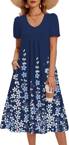 Miniatura 24 de Zeagoo Vestido de verano para mujer, casual, floral, midi, con bolsillos, cuello en V, plisado, manga corta, estilo alineado, para vacaciones