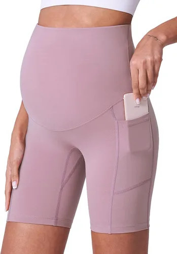 POSHDIVAH Pantalones cortos de maternidad para mujer, sobre el vientre, pantalones cortos de yoga para el embarazo, con bolsillos, 8 pulgadas