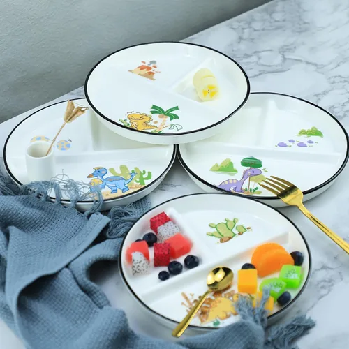 Miniatura 5 de 1 pieza de plato de porcelana con control de porción de dinosaurio, plato dividido para una alimentación racional, plato de postre dividido, plato