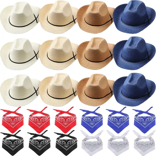 SATINIOR - Juego de 12 sombreros de vaquero de paja y bandanas para fiesta, sombrero de vaquero para fiesta, disfraz y bandana, accesorios
