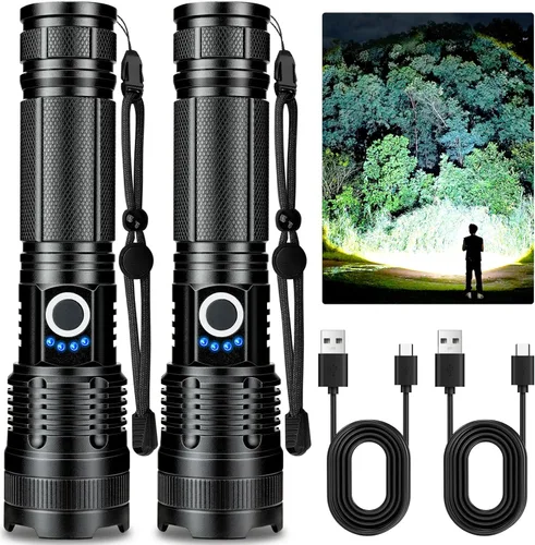 Paquete de 2 linternas recargables de alto lúmenes, 990000lm luz flash de mano súper brillante con pantalla de alimentación, tiempo de
