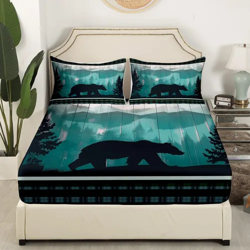 Miniatura 3 de Manfei Sábana bajera ajustable de oso tamaño individual, funda de cama de animales salvajes con 1 funda de almohada, juego de ropa de cama