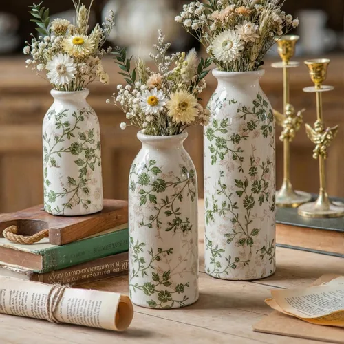 Miniatura 17 de Jarrón floral de cerámica verde y blanco con asa, jarrón rústico de granja, florero floral chinoiserie para decoración del hogar, sala de estar