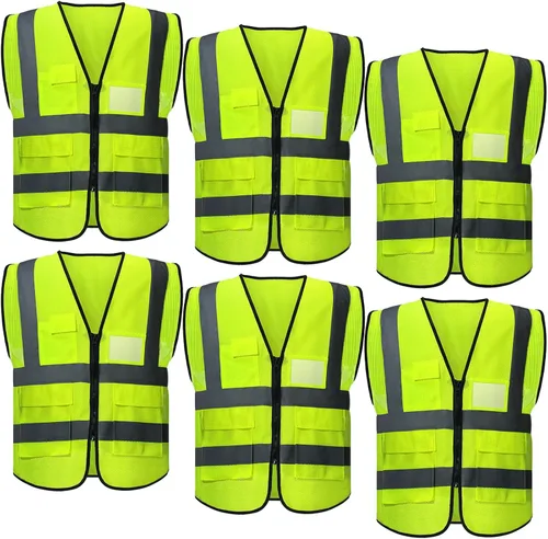 JaGely Paquete de 6 chalecos de seguridad reflectantes con bolsillos, chaleco de construcción de malla de alta visibilidad para hombres y mujeres,