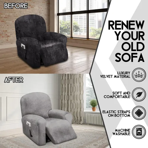Miniatura 5 de ULTICOR Funda reclinable de terciopelo para sofá reclinable de 4 piezas, 1 asiento, fundas elásticas de terciopelo para sofá reclinable de 1 cojín
