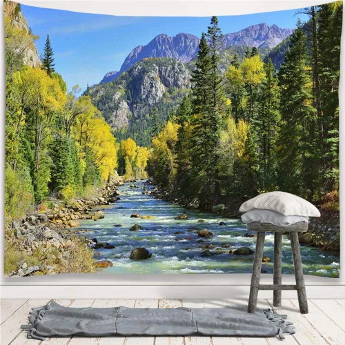 Miniatura 4 de YISURE Tapiz de naturaleza con montañas y bosque, paisaje escénico de árbol de pino verde y cascada, colgante de pared para decoración