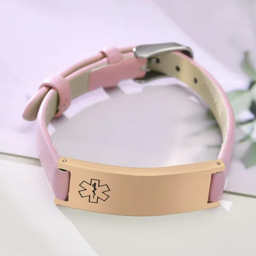 Miniatura 37 de MPRAINBOW Pulsera de alerta médica personalizada para mujer, correa de reloj de cuero genuino, grabado de doble cara, diabetes, epilepsia, joyería
