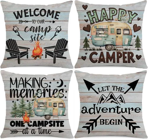 Happy Camper - Juego de 4 fundas de almohada de 16 x 16 pulgadas, con texto en inglés "Welcome to Our Camper", diseño vintage de madera rústica con
