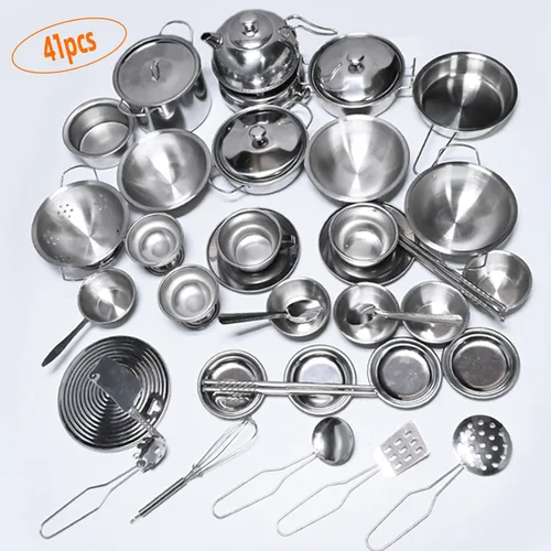 Miniatura 2 de Juego de juguetes de cocina de tamaño mini para niños, accesorios con utensilios de cocina de acero inoxidable, juego de ollas y sartenes de acero