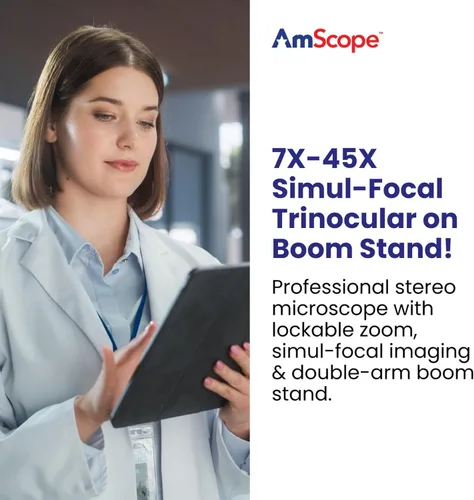 Miniatura 2 de Microscopio con zoom y cerradura estéreo Simul-Focal AmScope 7X a 45X con cabezal de brazo doble