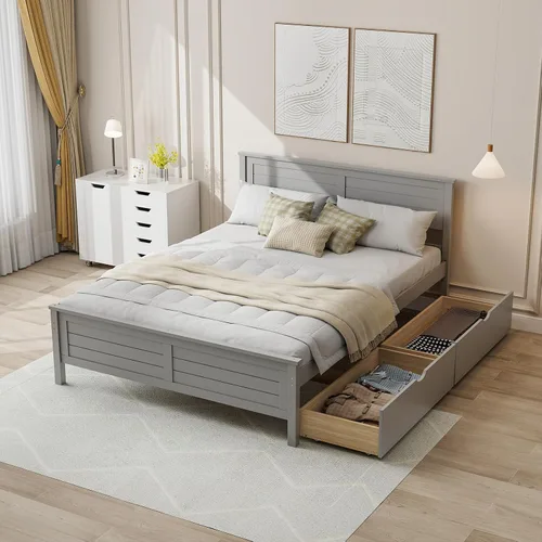 Miniatura 11 de Giantex Cama individual de madera con 2 cajones de almacenamiento, plataforma de madera maciza con cabecero, base de colchón de soporte de listones
