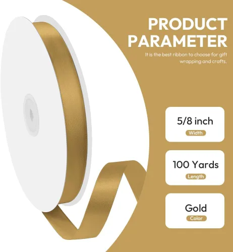 Miniatura 2 de Cinta de satén de 5/8 pulgadas x 100 yardas, cinta de seda dorada con carrete, ideal para envolver regalos, ramos florales, manualidades, Oro oscuro