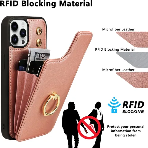 Miniatura 5 de Funda tipo cartera compatible con iPhone 13 Pro con tarjetero, rotación de 360°, soporte de anillo de dedo con función atril, protección RFID, Oro