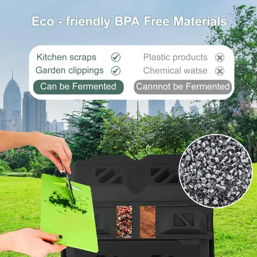Miniatura 4 de Contenedor de compostaje para exteriores, doble cámara, capacidad de 43 galones, sin BPA, giratorio por lotes, con puertas correderas, compostador