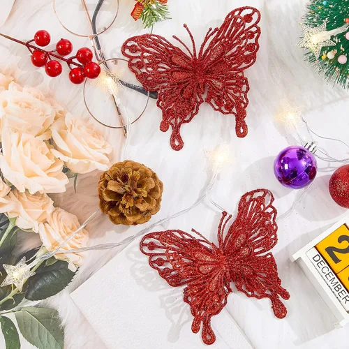 Miniatura 3 de 15 adornos para árbol de Navidad de mariposa con purpurina, mariposa hueca con clips, adornos de Navidad para manualidades, árbol de Navidad