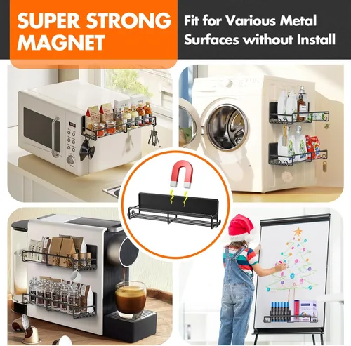 Miniatura 4 de SUNALLY Estante magnético para especias para refrigerador, estante magnético para nevera con ganchos, estante organizador de especias