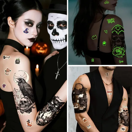 Miniatura 3 de 39 tatuajes temporales de Halloween que brillan en la oscuridad para adultos y niños, 9 tatuajes falsos realistas de media manga, calabaza