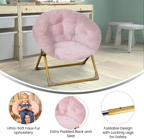 Miniatura 4 de Flash Furniture Silla Mini Plegable y Acogedora Gwen para Niños - Silla Lunar de Pelo Sintético Color Rosa Claro - Estructura de Metal Dorado Suave