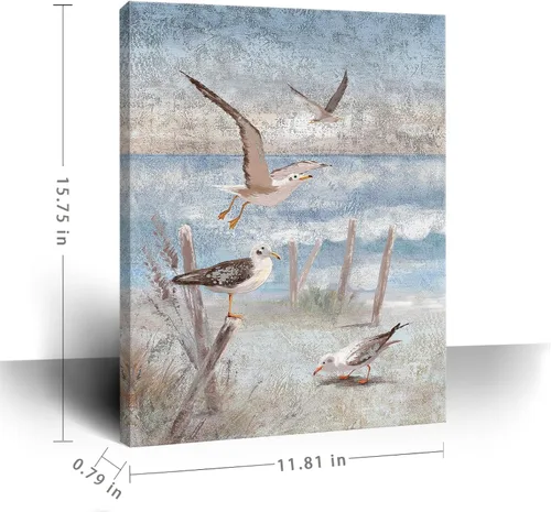 Miniatura 3 de ARTZON Arte de pared de playa, decoración de baño, tema oceánico, impresión en lienzo, pintura costera, pájaro posado junto a la orilla del mar