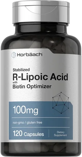 Horbaach - Ácido R-lipoico 100 mg | 120 cápsulas | con optimizador de biotina | Sin OMG, sin gluten | Suplemento estabilizado de ácido R-lipoico