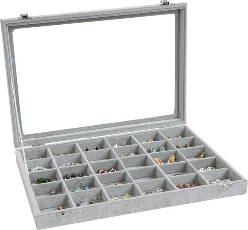 Wudygirl Organizador de joyas de terciopelo con 30 rejillas, caja de joyas, bandeja de joyería con tapa transparente, estuche de almacenamiento,
