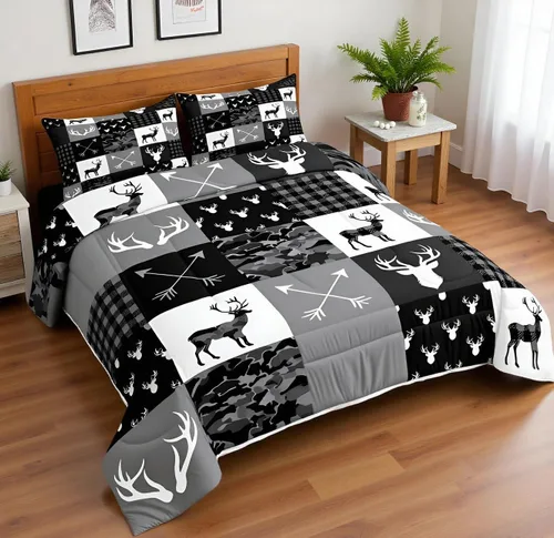 Miniatura 151 de Juego de edredón de cuernos de ciervo tamaño individual, juego de ropa de cama rústica de granja con huellas de oso y pinos para decoración