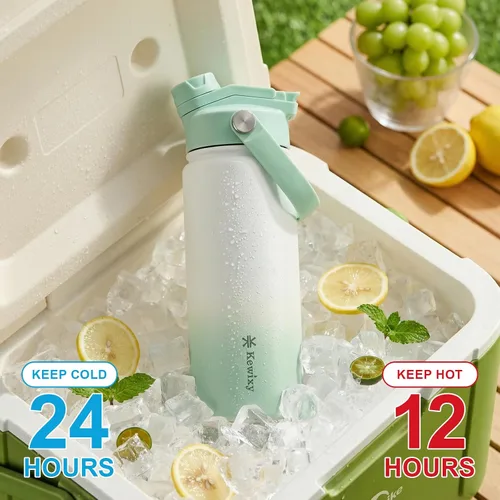 Miniatura 2 de KEWIXY Botella de agua aislada de 18 onzas con pajilla, tapa 2 en 1, popote y boquilla, a prueba de fugas, soporte para vasos, acero inoxidable