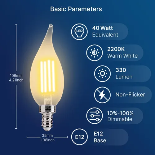 Miniatura 2 de FLSNT Bombillas LED para candelabro CA11 E12, bombillas LED regulables, equivalente a 40 W, luz blanca cálida de 2200 K, 330 lm, acabado de vidrio