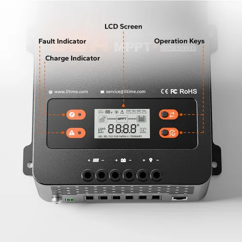 Miniatura 6 de LiTime 60A MPPT Controlador de Carga Solar (Sin Bluetooth Integrado), 12V/24V/36V/48V Auto, Entrada Máxima de PV 200VDC Pantalla LCD Regulador