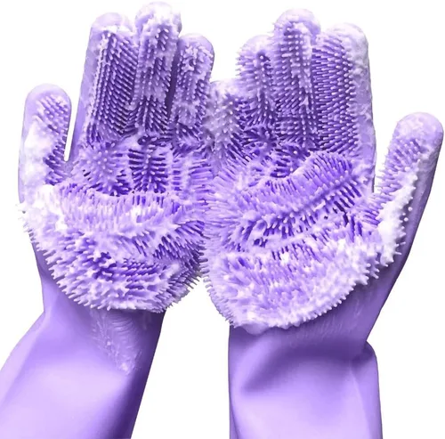 Miniatura 5 de Guantes de silicona para lavar platos, guantes de goma para el aseo de mascotas para fregar platos, lavado con esponja con estropajos