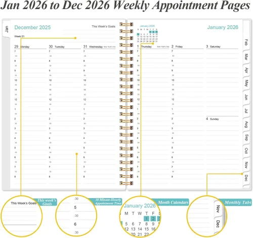 Miniatura 3 de Agenda 2026 - Planificador diario y por hora 2026 desde enero 2026 hasta diciembre 2026, 12 pestañas mensuales, bolsillo interior, 16.3 x 21.6 cm