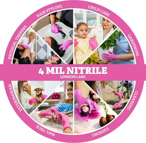 Miniatura 6 de London Labs 4 mil guantes de nitrilo rosa fucsia, desechables, sin látex y sin polvo, resistentes a productos químicos, guantes de goma rosa
