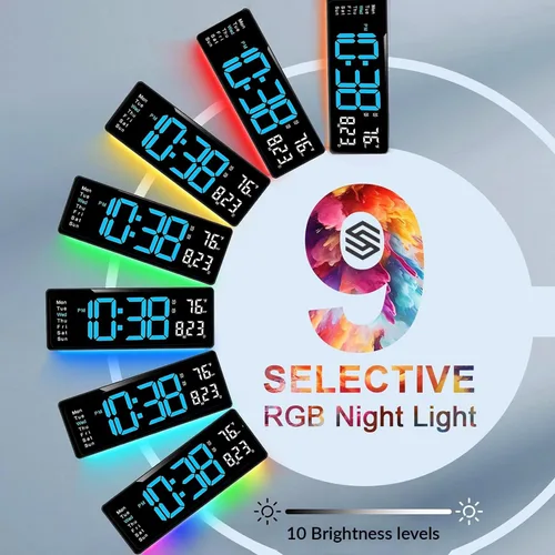 Miniatura 6 de Reloj de pared digital LED grande de 16.5 pulgadas con brillo automático, retroiluminación RGB, alarma doble, pantalla de temperatura y humedad