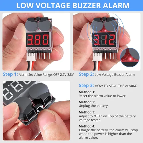 Miniatura 4 de CAMWAY Probador de voltaje de batería Lipo, 5 unidades, 2 en 1, 1-8s, alarma de zumbador de bajo voltaje, probador de monitor de batería para 1-8s