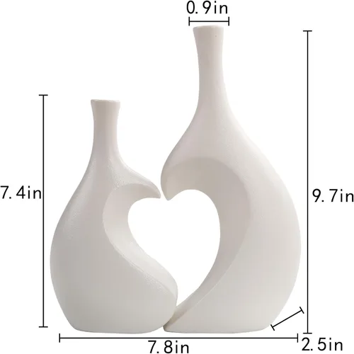 Miniatura 6 de Juego de 2 jarrones de cerámica blanca, jarrones en forma de corazón, acabado de textura mate esmerilada, decoración de granja, decoración del Blanco