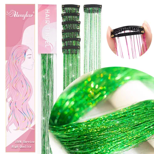 Miniatura 2 de Paquete de oropel para el cabello de 12 piezas con clip, extensiones de cabello de oropel de 20 pulgadas, brillantes y verdes, accesorios