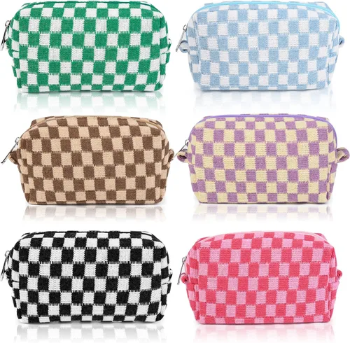 SOIDRAM 6 Piezas Bolsa de Maquillaje a Cuadros Preppy Bolsa de Cosméticos a Granel Rosa Negra Bolsa de Maquillaje Personalizada Bolsa de Viaje de 6