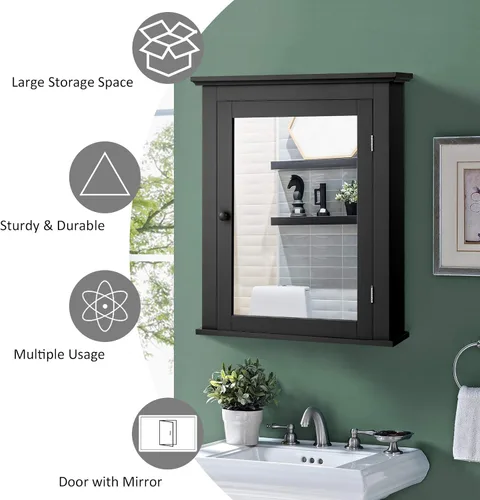 Miniatura 7 de Tangkula Gabinete de baño con espejo, gabinete tipo botiquín con espejo montado en la pared con puerta única y estante ajustable en 5 posiciones
