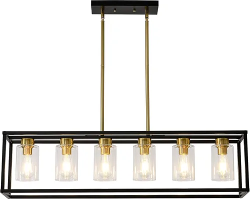 Miniatura 17 de XILICON - Lámpara colgante de comedor estilo granja de níquel cepillado, 5 luces, moderna, lámpara colgante contemporánea con pantalla de cristal