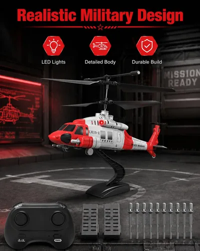 Miniatura 5 de Helicóptero RC del ejército con 10 misiles, helicóptero de control remoto LM19-E de 2.4 GHz para principiantes y adultos, juguete de helicóptero Rojo