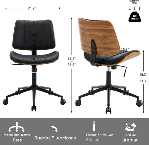 Miniatura 2 de Silla de escritorio para oficina en casa sin brazos con ruedas, silla de escritorio pequeña de altura ajustable, silla de computadora giratoria 360